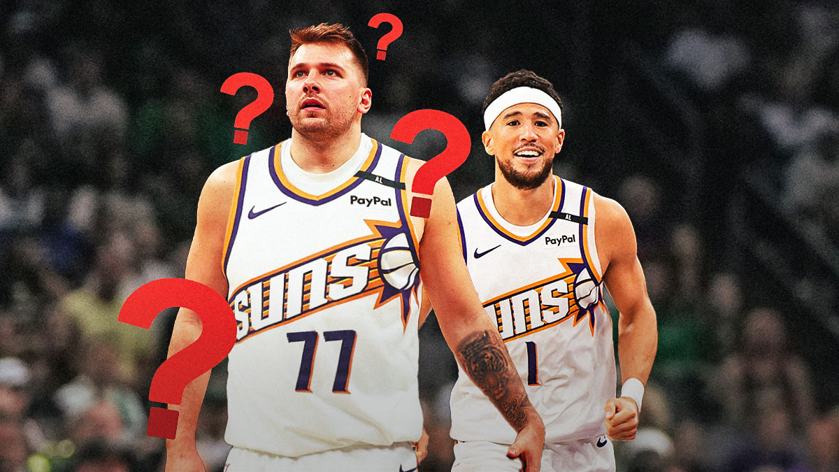 Luka Doncic in a Suns jersey, with Devin Booker smiling next to him, in a Suns jersey. There's also a background of the PHX Arena, along with question marks surrounding Doncic.