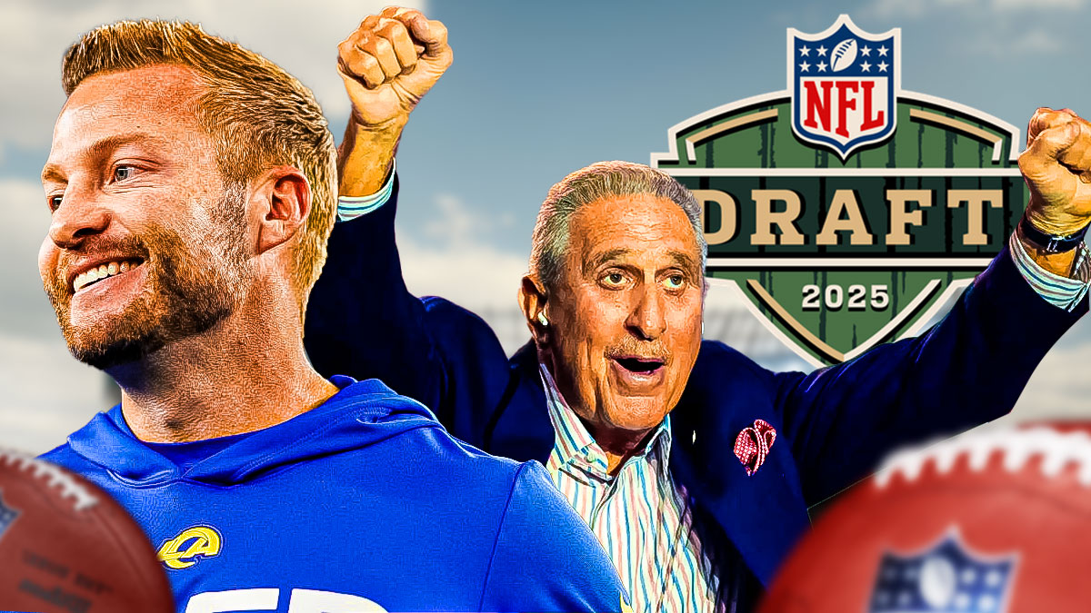 Sean McVay smiling on the left... Arthur Blank on the right looking excited with NFL Draft logo between them