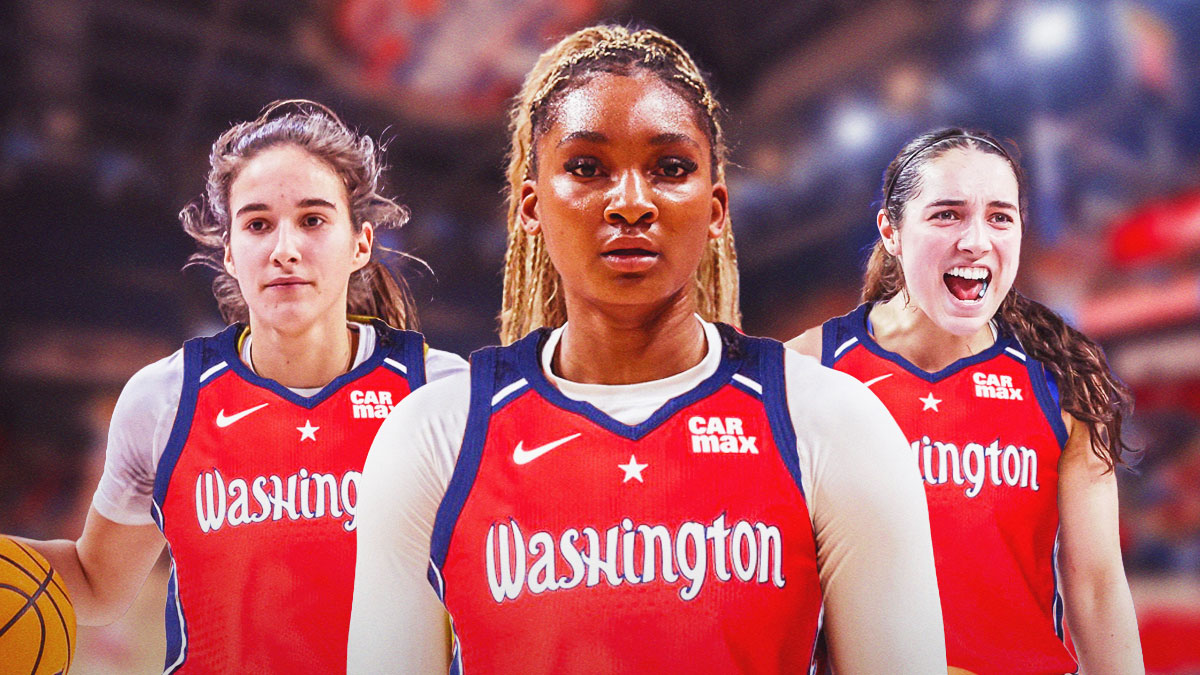 Sonia Citron, Kiki Iriafen, and Georgia Amoore smile next to each other in Mystics jerseys