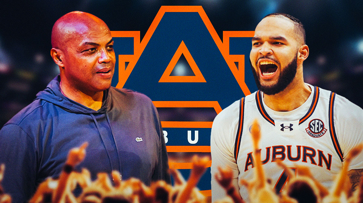 Charles Barkley and Johni Broome in Auburn jersey. Auburn logo front and center.