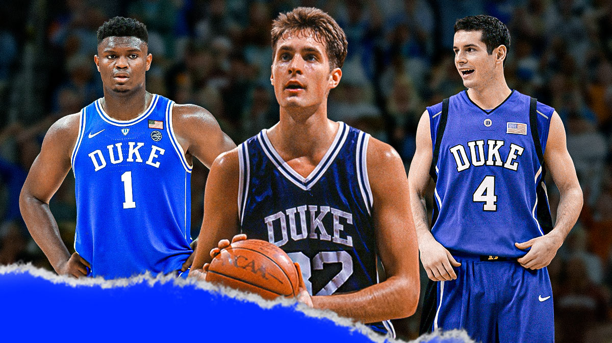 Christian Laettner, JJ Redick, Zion Williamson all together in Duke jerseys. Duke logo front and center.