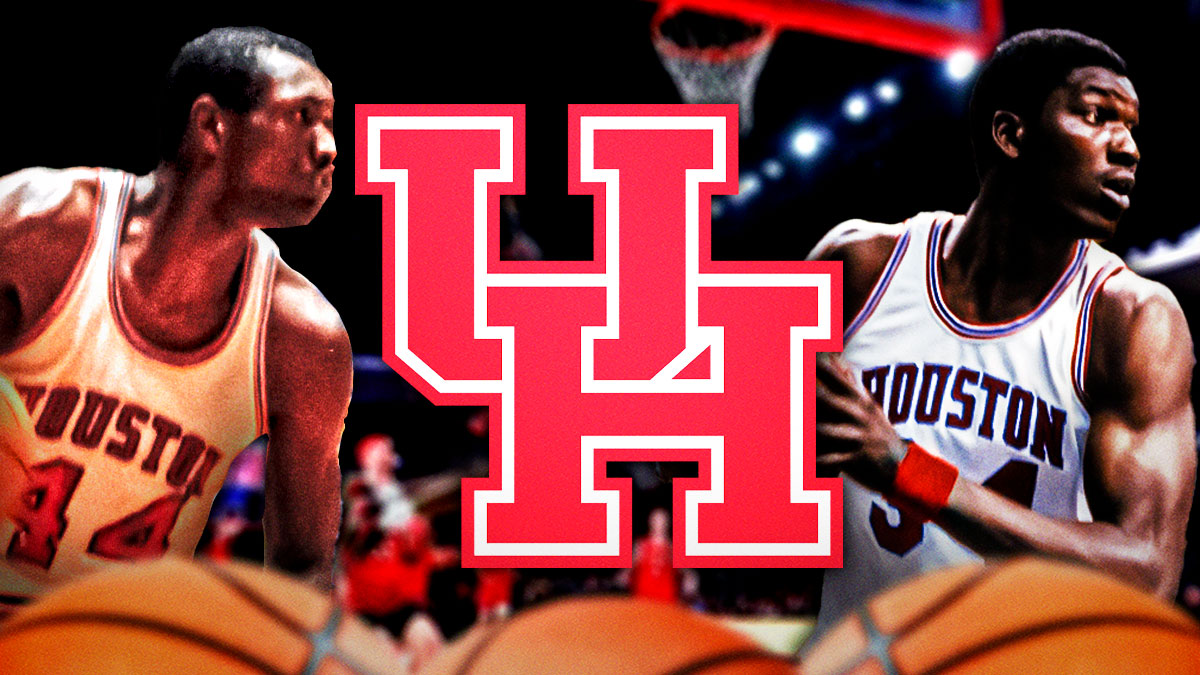 Elvin Hayes and Hakeem Olajuwon playing for Houston Cougars. Houston logo front and center.