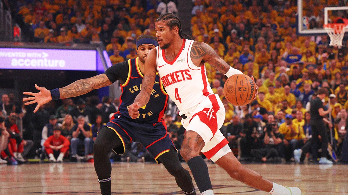 Houston Rockets guard Jalen Green (4) drives in against Golden State Warriors guard Gary Payton II (0) during the first quarter of game four of the 2025 NBA Playoffs first round at Chase Center