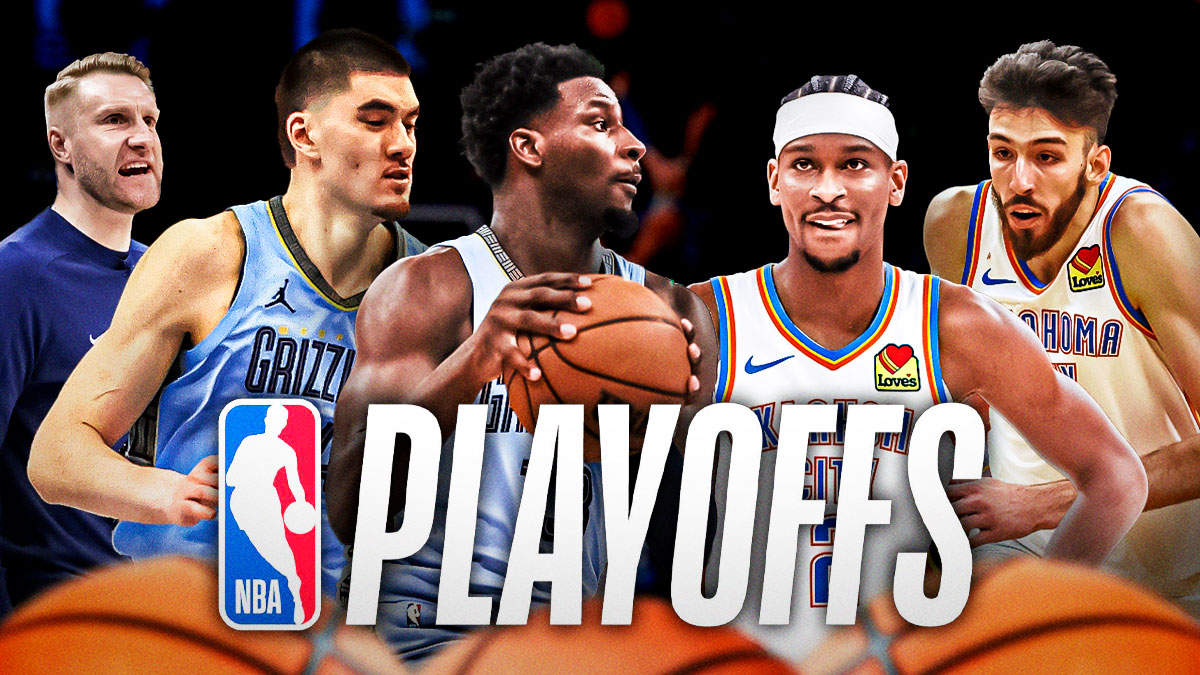Zach Edey, Jaren Jackson Jr., Tuomas Iisalo, Shai Gilgeous-Alexander, Chet Holmgren, NBA Playoffs logo