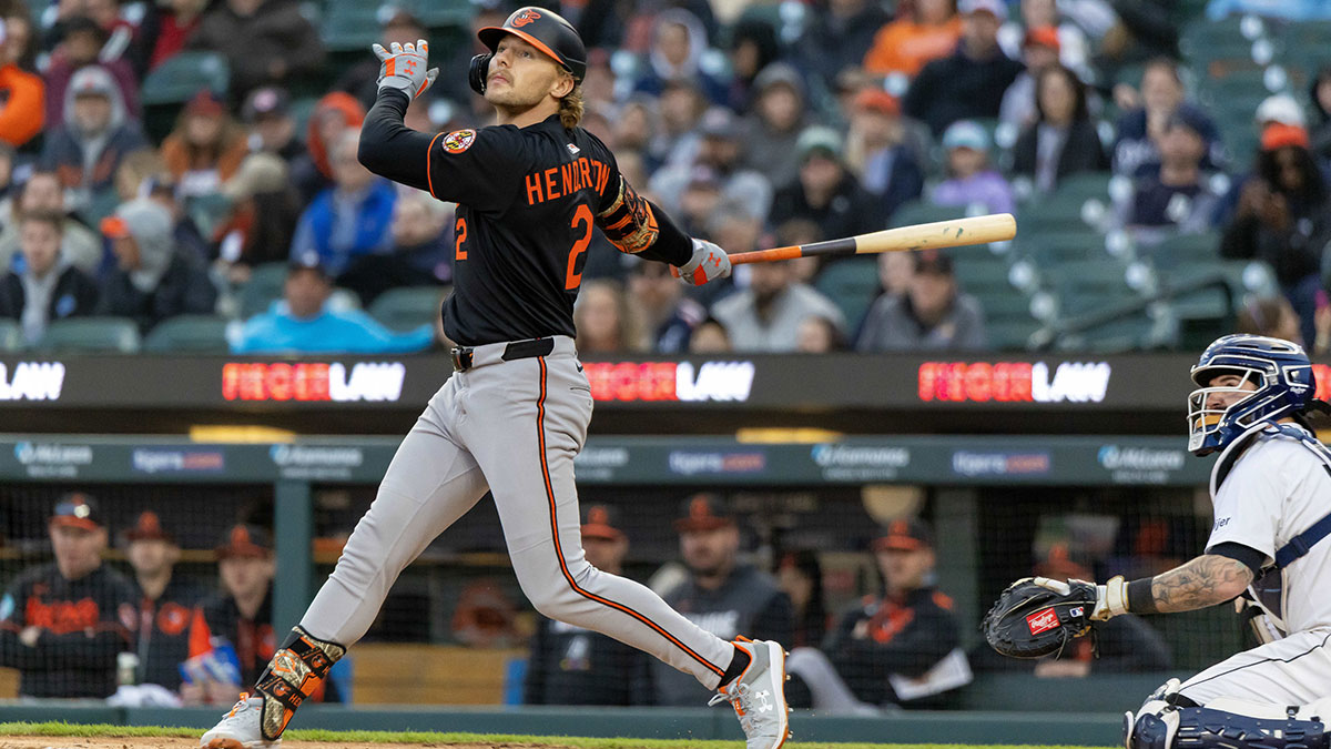 Baltimore Orioles shortstop Gunnar Henderson (2) watches as he flys out to left field during game two of a double header against the Detroit Tigers at Comerica Park.
