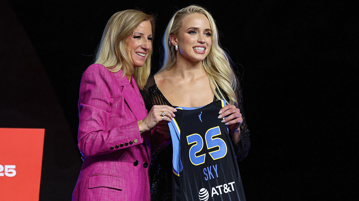 Hailey Van Lith poses with WNBA commissioner Cathy Engelbert after being selected with the number eleven overall pick to the Chicago Sky in the 2025 WNBA Draft.