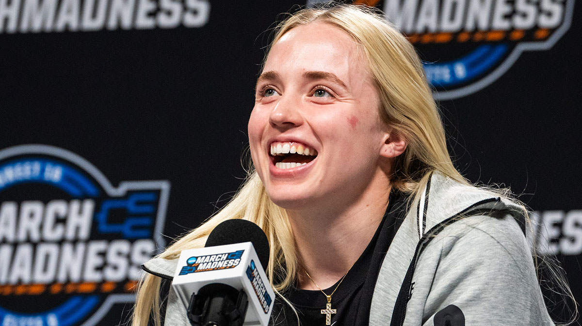 TCU guard Hailey Van Lith (10) speaks to the media during a press conference ahead of the Regional Finals of the NCAA Women's Tournament in Birmingham, Alabama, March 30, 2025. TCU will face the Texas Longhorns in the Elite Eight on Monday night.