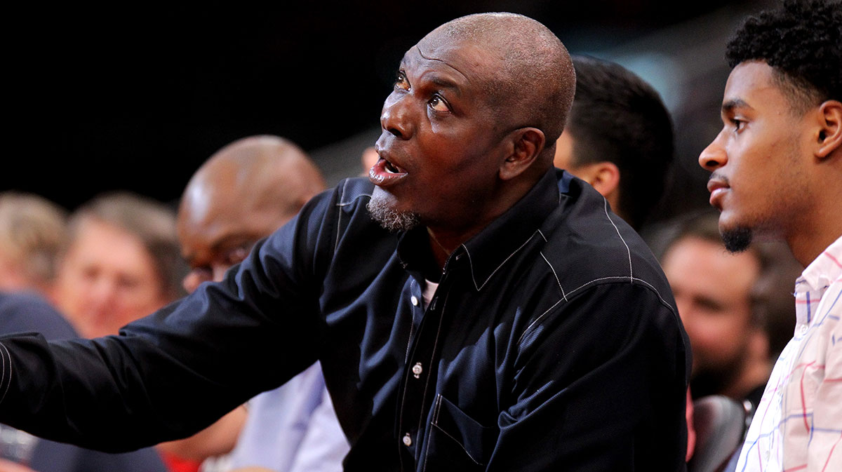 Former Houston Rockets center and Basketball Hall of Famer Hakeem Olajuwon watches the game between the New Orleans Pelicans and the Houston Rockets at Toyota Center.