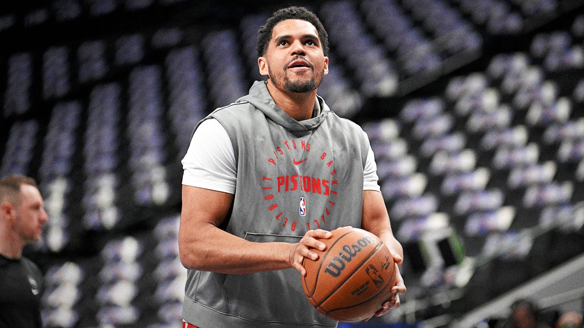 Detroit Pistons forward Tobias Harris (12) warms up before the game between the Dallas Mavericks and the Detroit Pistons at the American Airlines Center.