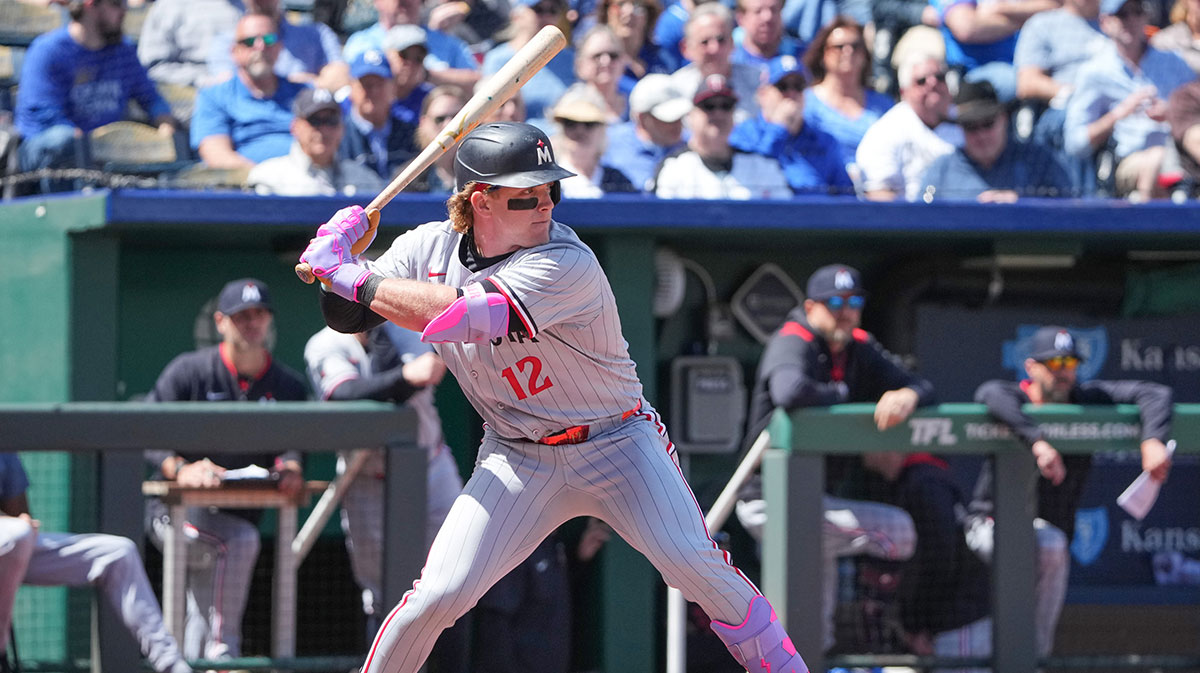 Minnesota Twins center fielder Harrison Bader (12) at bat against the Kansas City Royals during the game at Kauffman Stadium.