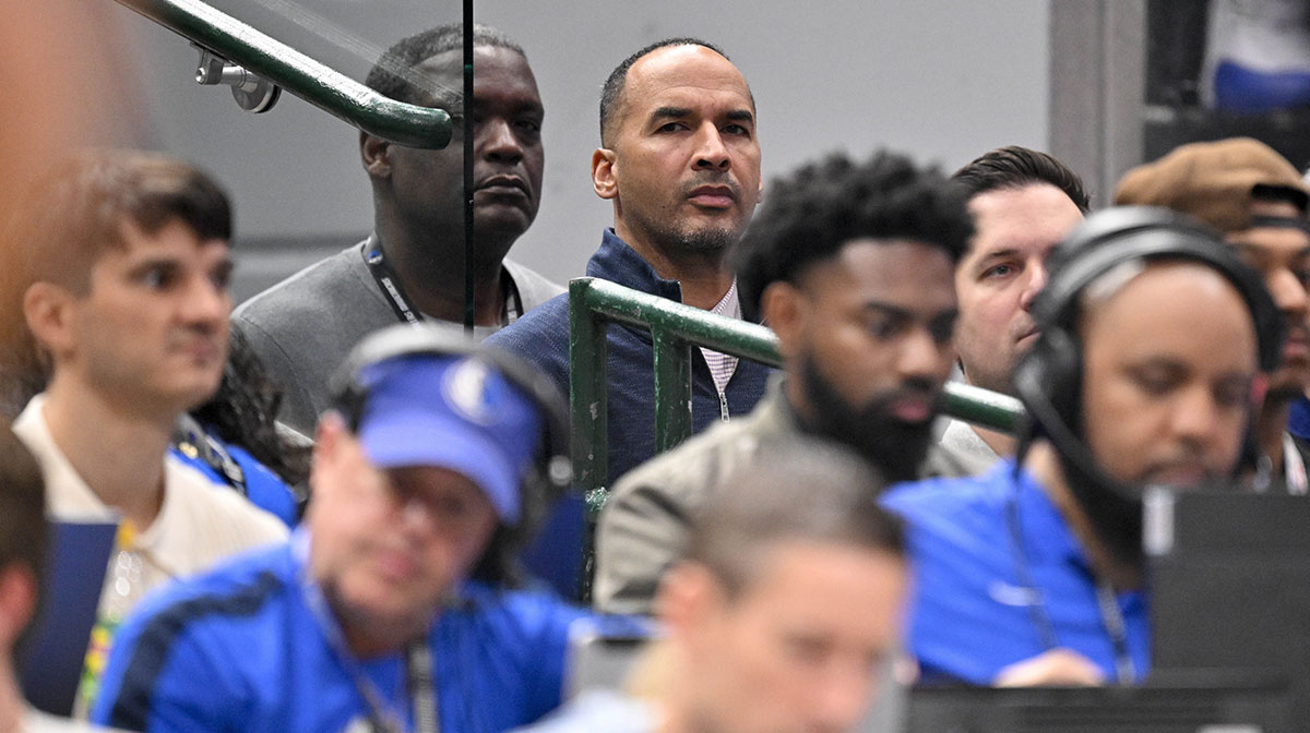 Dallas Mavericks general manager Nico Harrison looks on during the second quarter of the game between the Dallas Mavericks and the Toronto Raptors at the American Airlines Center.