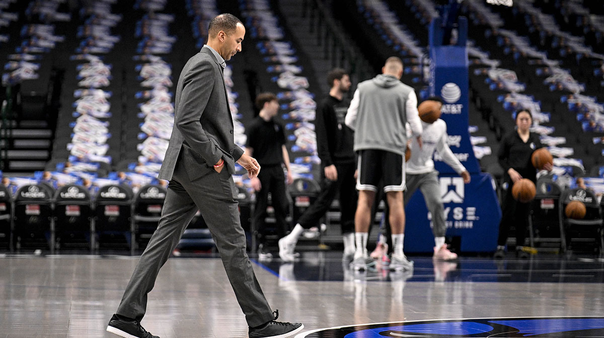 Dallas Mavericks general manager Nico Harrison walks on to the court before the game between the Dallas and the Sacramento Kings at the American Airlines Center.