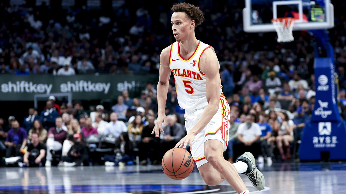 Atlanta Hawks guard Dyson Daniels (5) dribbles against the Dallas Mavericks during the second half at American Airlines Center.