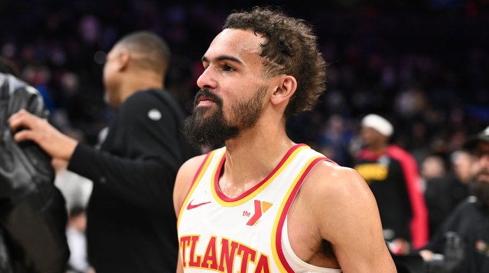 Atlanta Hawks guard Trae Young (11) looks on after the game against the Philadelphia 76ers at Wells Fargo Center.