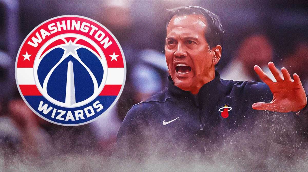 Erik Spoelstra next to Wizards logo