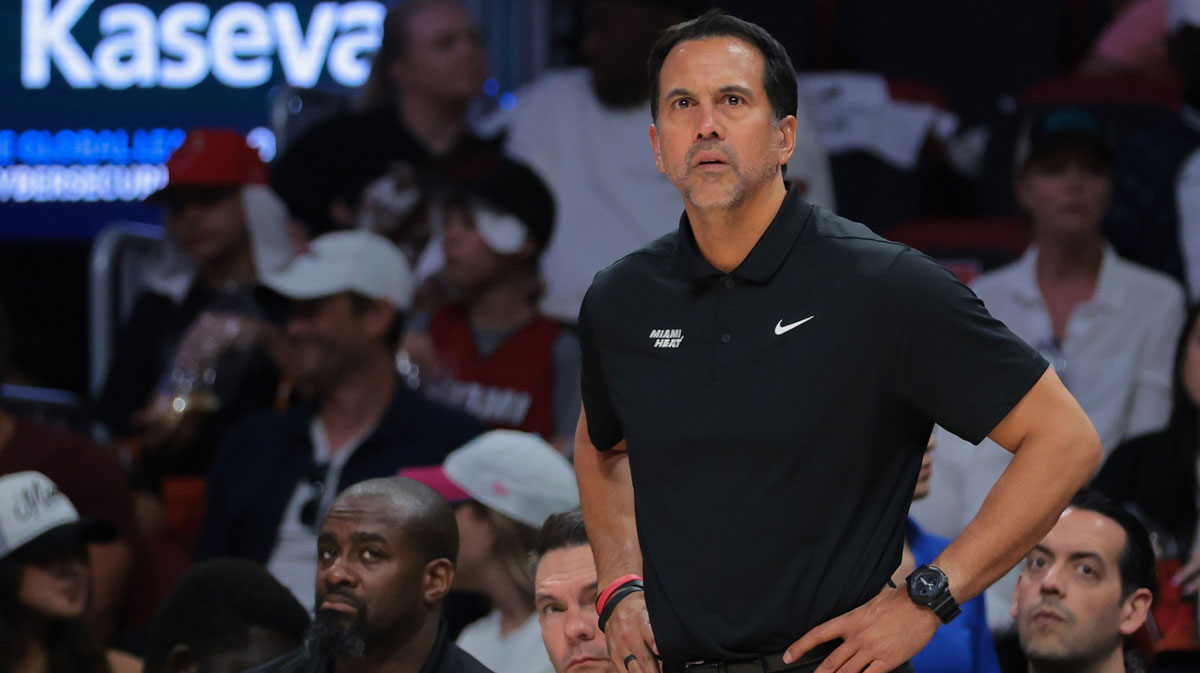 Heat head coach Erik Spoelstra looks on from the sideline