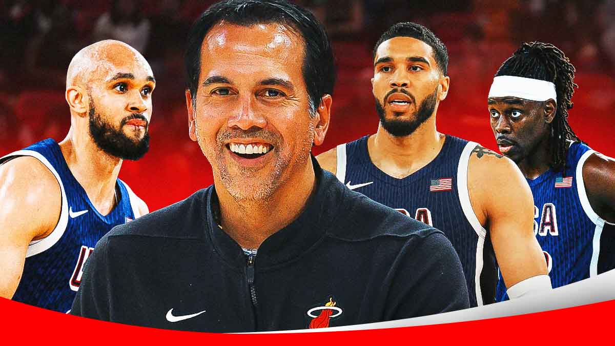 Heat's Erik Spoelstra laughing, with Celtics' Derrick White, Jayson Tatum, and Jrue Holiday wearing Team USA uniforms (2024) beside Spoelstra