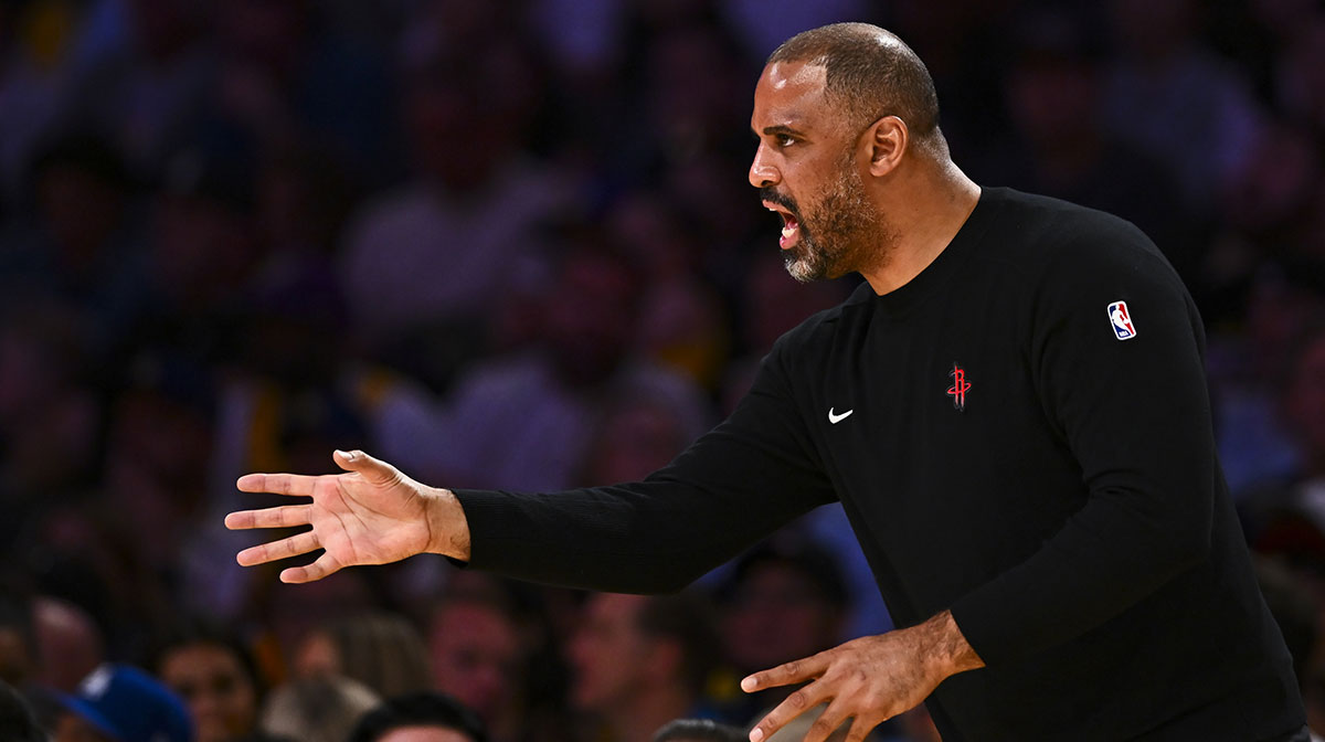 Houston Rockets head coach Ime Udoka reacts against the Los Angeles Lakers during the second half at Crypto.com Arena.