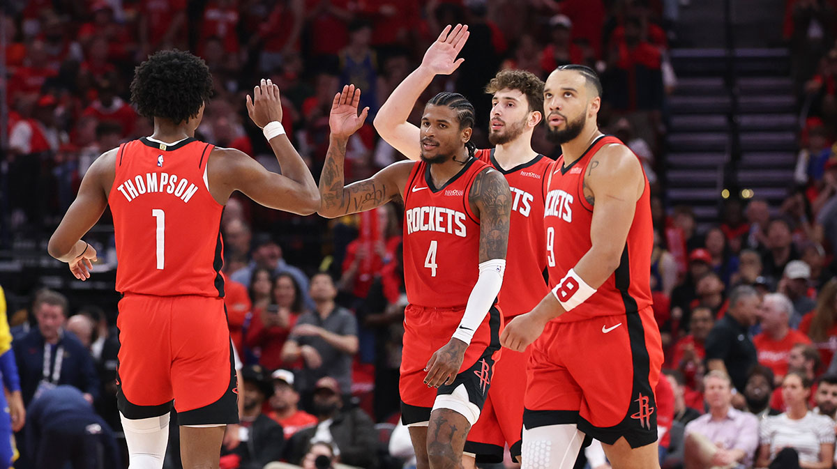 Houston Rockets guard Jalen Green (4) and forward Amen Thompson (1) react after a play during the fourth quarter during game two of the first round for the 2024 NBA Playoffs against the Golden State Warriors at Toyota Center.