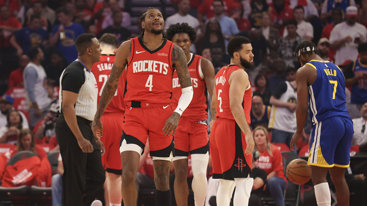 Houston Rockets guard Jalen Green (4) reacts to his basket against the Golden State Warriors in the first quarter during game five of first round for the 2025 NBA Playoffs at Toyota Center.