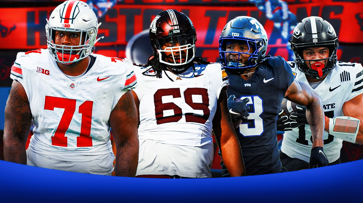 Josh Simmons, Aireontae Ersery, Jaylin Noel, Savion Williams all beside each other, Houston Texans wallpaper in the background