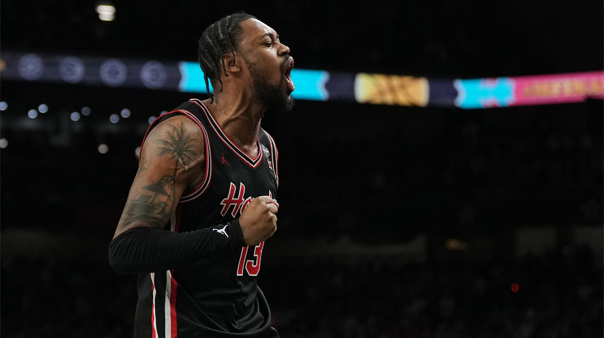 Houston Cougars forward J'Wan Roberts (13) celebrates after defeating the Duke Blue Devils in the semifinals of the men's Final Four of the 2025 NCAA Tournament at the Alamodome.