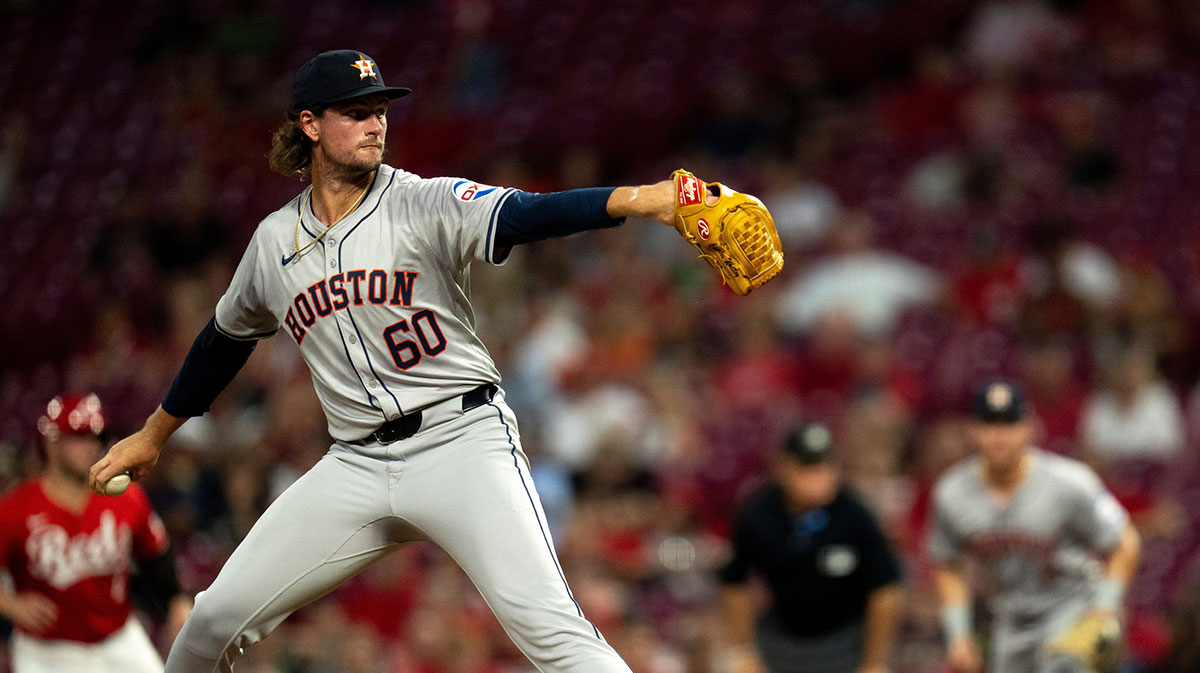 Houston Astros pitcher Forrest Whitley (60) delivers the pitch in the fourth inning of the MLB game between the Cincinnati Reds and Houston Astros at Great American Ball Park in Cincinnati on Wednesday, Sept. 4, 2024.