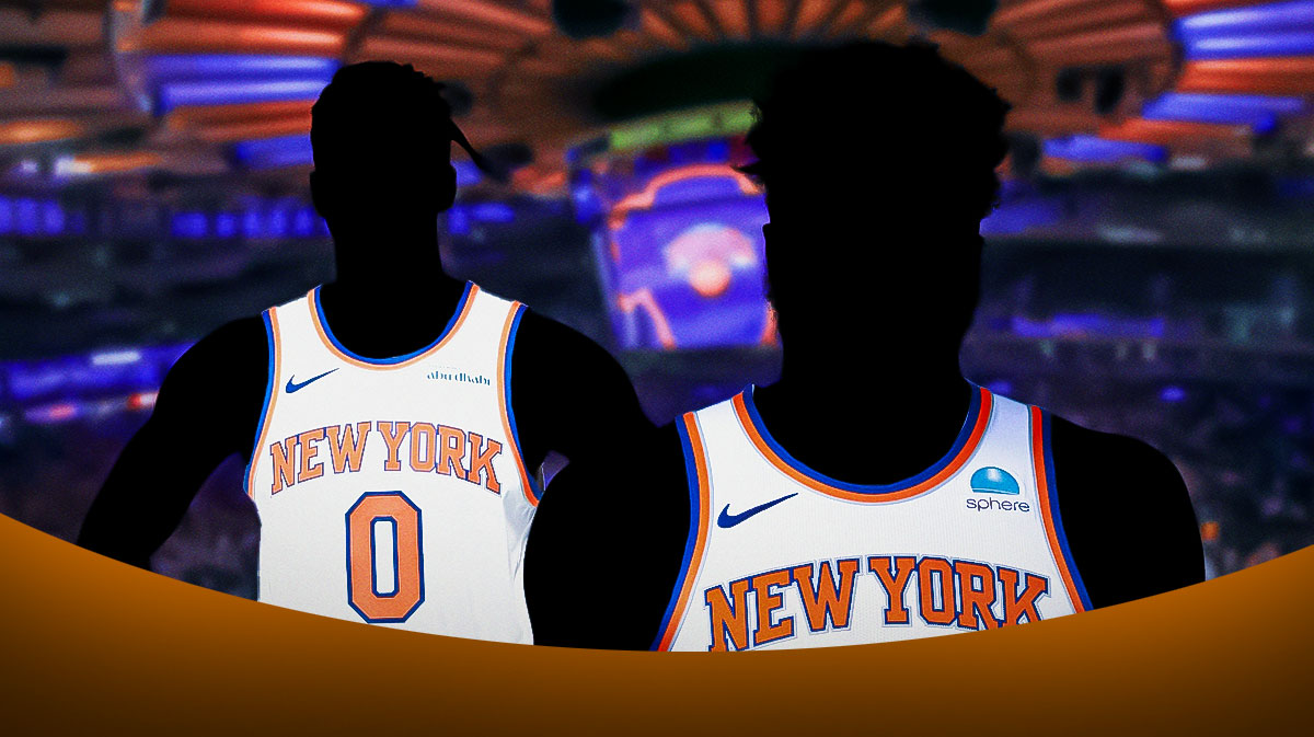 cutout/shadows of Mitchell Robinson and Delon Wright in Knicks' jerseys