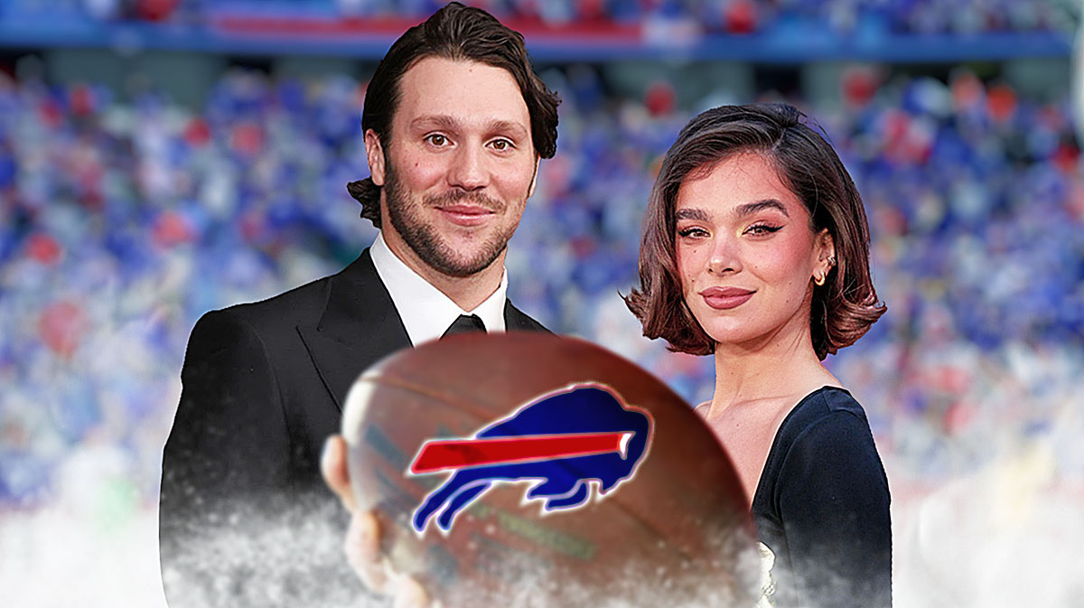 A fake Hallmark movie poster for "Holiday Touchdown: A Bills Love Story" - with the Bills logo on a football, and a pic of Josh Allen and Hailee Steinfeld
