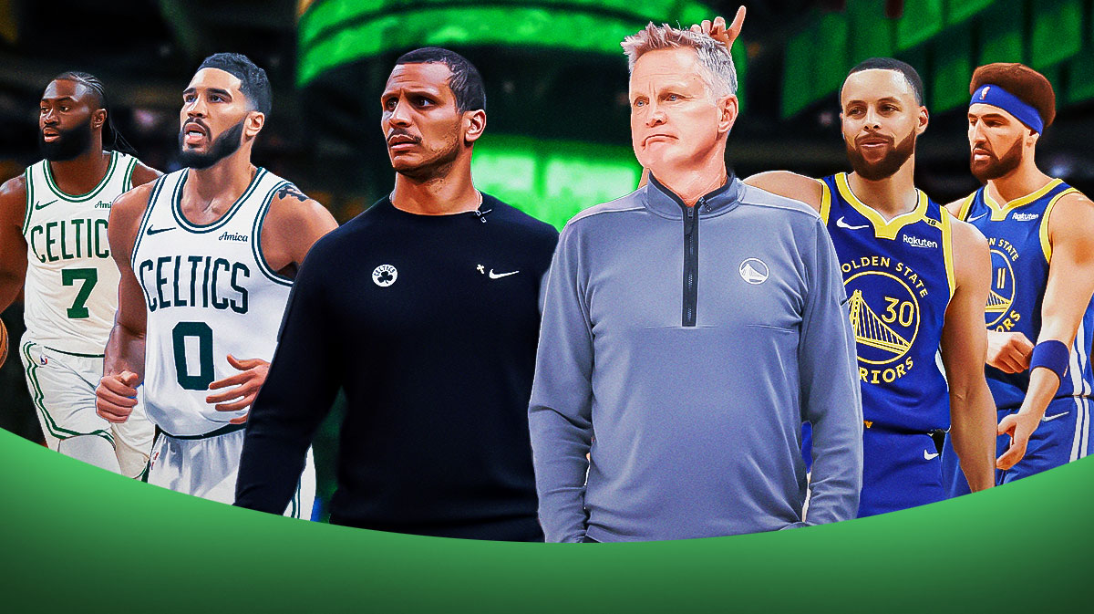 Joe Mazzulla, Jayson Tatum, and Jaylen Brown lined up across from Steve Kerr, Stephen Curry, and Klay Thompson (obviously in a Warriors jersey). Can be on a generic background or a championship background