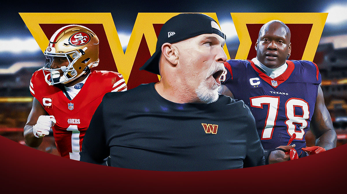 Washington Commanders head coach Dan Quinn with heart emojis over his eyes. He is next to WR Deebo Samuel and T Laremy Tunsil. There is also a logo for the Washington Commanders.