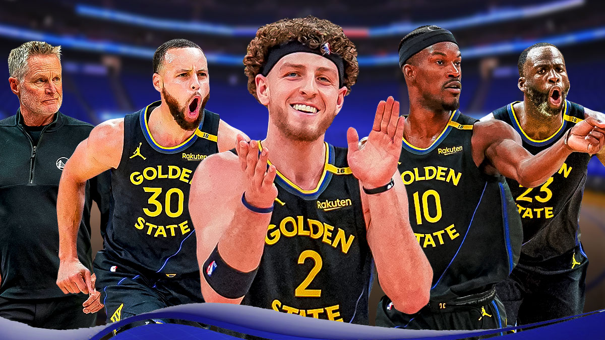 Warriors' Brandin Podziemski with Stephen Curry, Jimmy Butler, Draymond Green and Steve Kerr