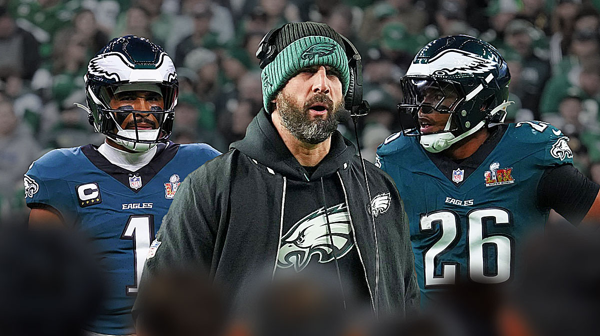 Eagles head coach Nick Sirianni looking serious, and Saquon Barkley and Jalen Hurts, both in Eagles jerseys, standing next to Sirianni.