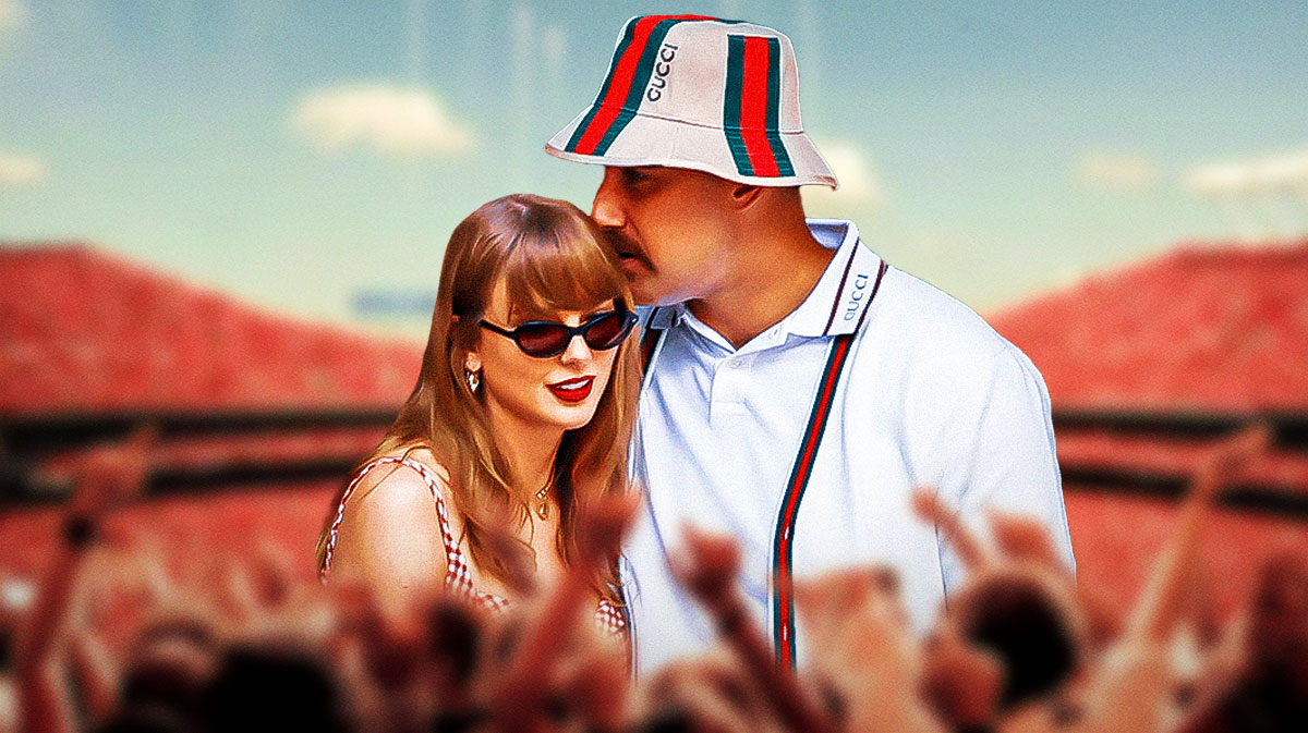 Taylor Swift and Kansas City Chiefs tight end Travis Kelce, with GEHA Field at Arrowhead Stadium background.