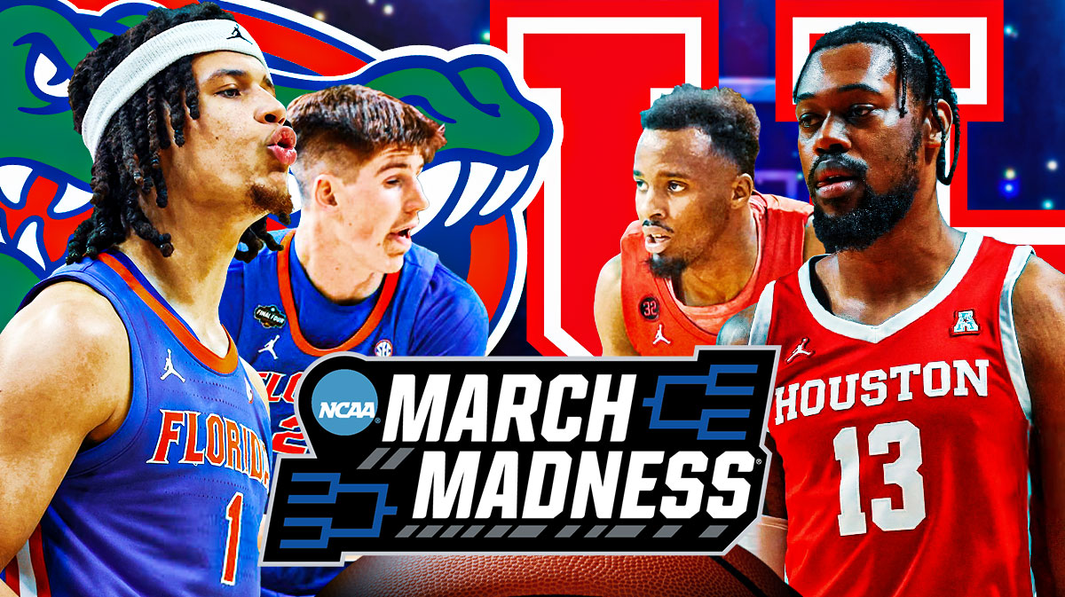 Walter Clayton Jr. and Alex Condon on one side with Florida logo in front of them. Other side is LJ Cryer and J'Wan Roberts with Houston logo in front of them. March Madness 2025 logo front and center.
