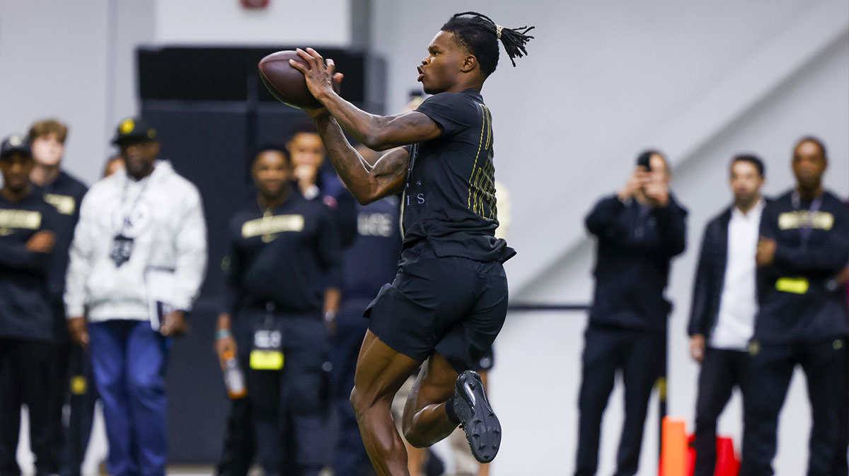 Colorado Buffaloes wide receiver Travis Hunter (12) makes a catch at the University of Colorado NFL Showcase at the CU Indoor Practice Facility.