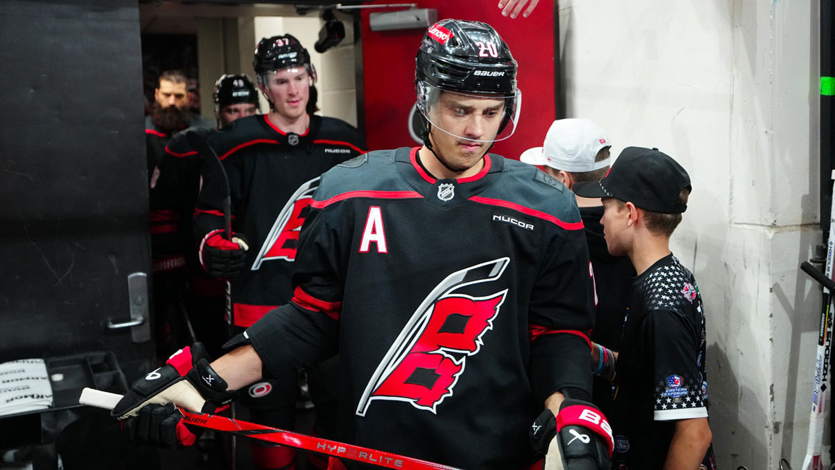 Carolina Hurricanes center Sebastian Aho (20) comes out of the locker room for the warmups before the game against the New Jersey Devils in game two of the first round of the 2025 Stanley Cup Playoffs at Lenovo Center.