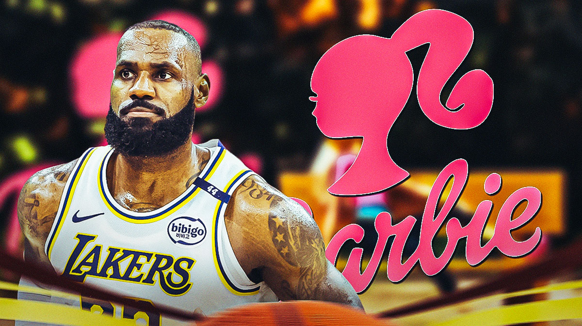LA Lakers player LeBron James with the Barbie Doll logo in the background