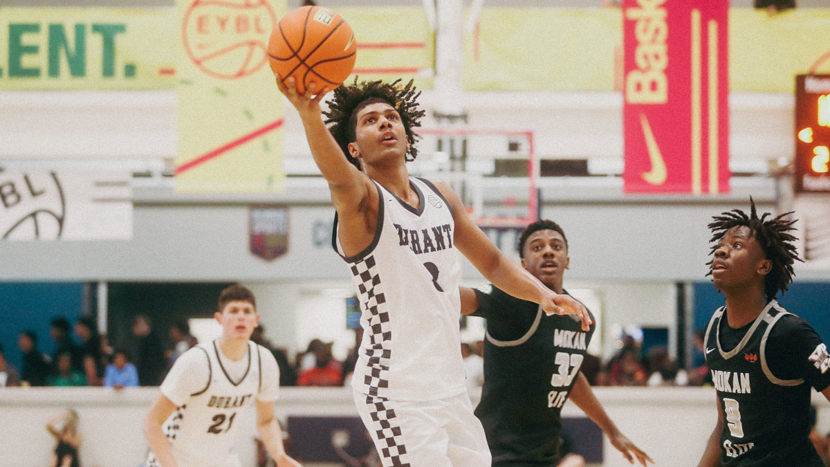 Team Durantâ€™s Acaden Lewis (8) goes for a lay up during a game against Team Mokan Elite during the Nike Elite Youth Basketball League session one on Saturday, April 27, 2024 at the Memphis Sports & Event Center in Memphis, Tenn.