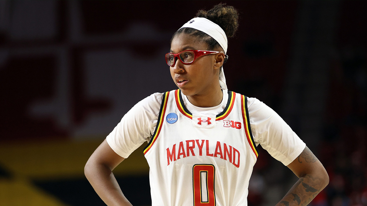 Maryland Terrapins guard Shyanne Sellers (0) looks on during the first half against the Alabama Crimson Tide at Xfinity Center.
