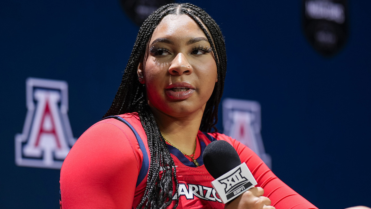 Arizona Wildcats forward Breya Cunningham (25) talks to media during the Big 12 Women’s Basketball Media Day at T-Mobile Center.