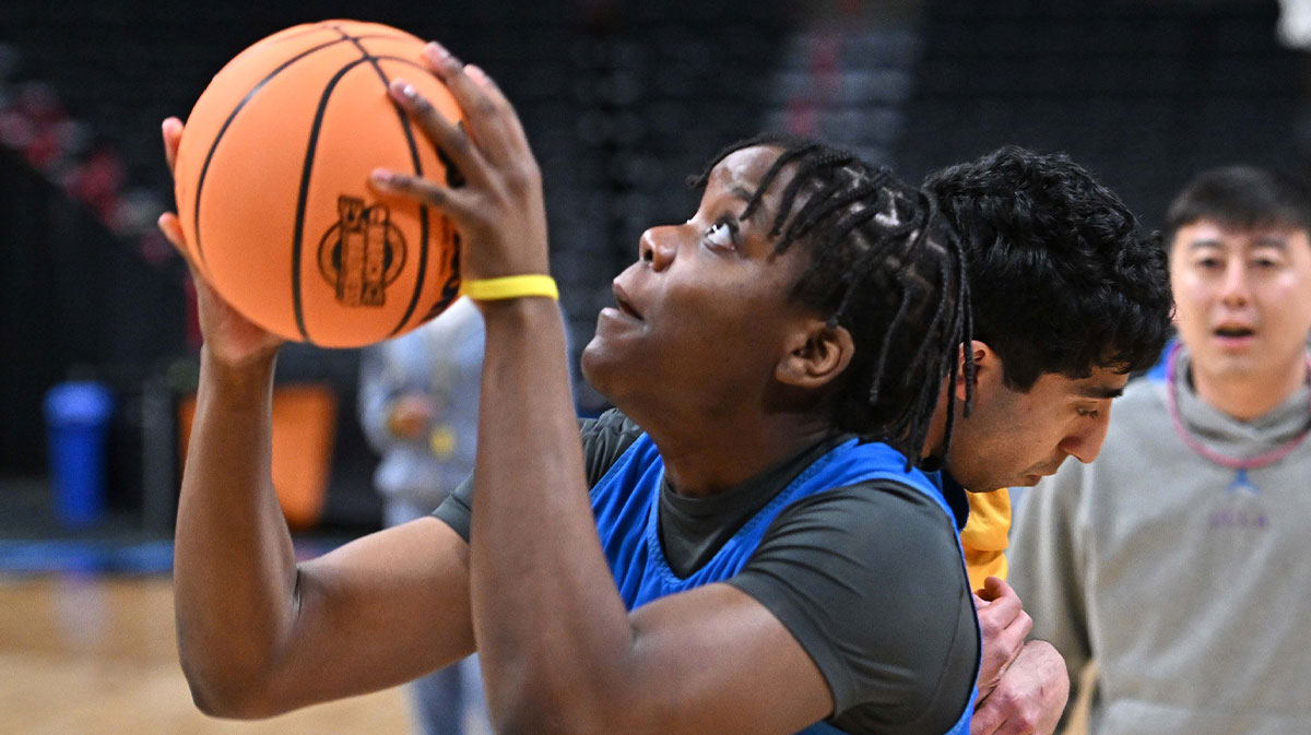 UCLA Bruins forward Zania Socka-Nguemen (6) shoots during an NCAA Tournament practice session at Spokane Arena.