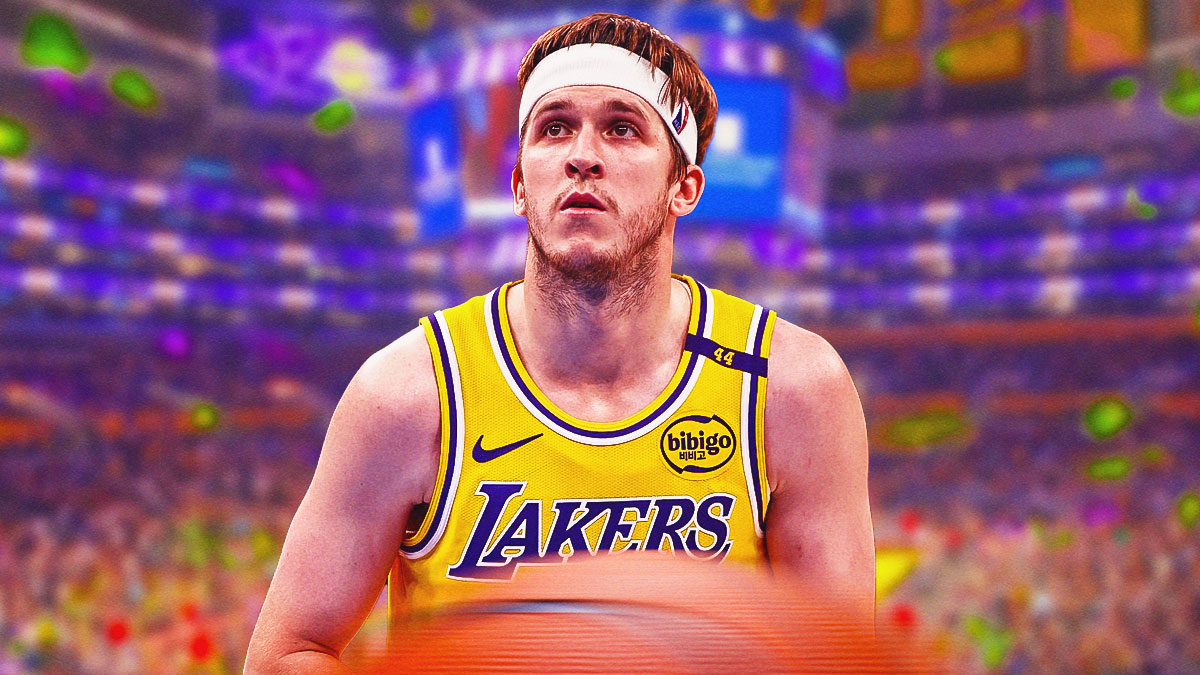 LA Lakers player Austin Reaves with the LA Lakers arena in the background, championship Timberwolves Game 1