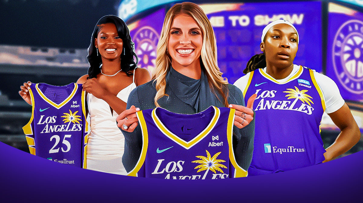 College basketball players Sarah Ashlee Barker, Sania Feagin and Liatu King in LA Sparks jerseys with the LA Sparks arena in the background, WNBA Draft picks grades