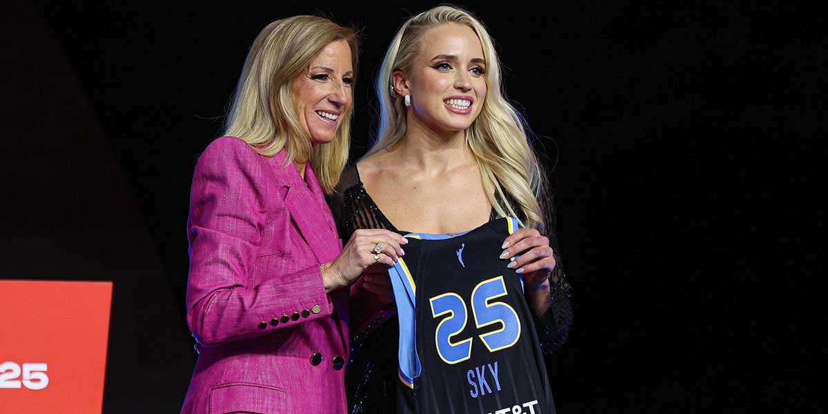 Hailey Van Lith poses with WNBA commissioner Cathy Engelbert after being selected with the number eleven overall pick to the Chicago Sky in the 2025 WNBA Draft at The Shed at Hudson Yards.