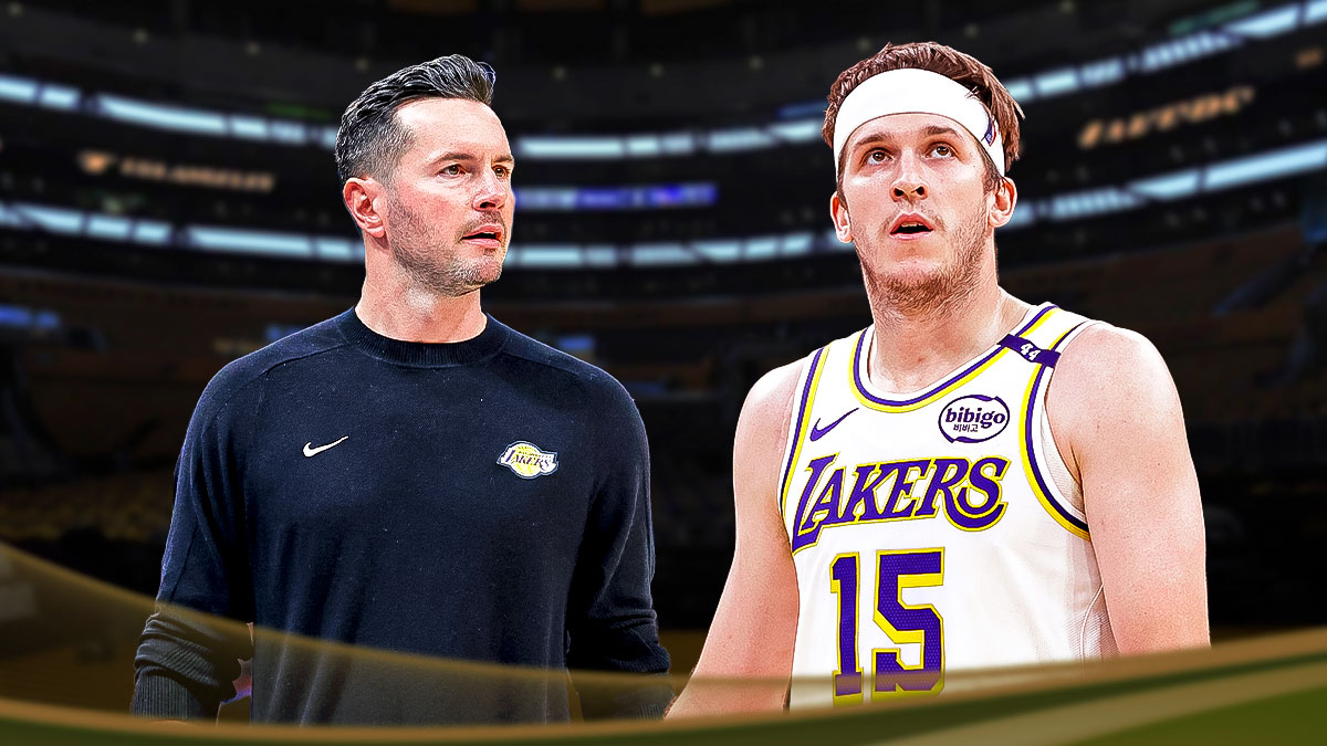 LA Lakers player Austin Reaves alongside LA Lakers coach JJ Redick with the Lakers arena in the background