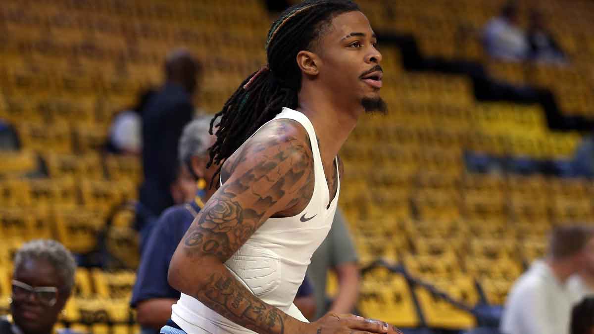 Memphis Grizzlies guard Ja Morant (12) shoots during warm ups prior to game three for the first round of the 2024 NBA Playoffs against the Oklahoma City Thunder at FedExForum.