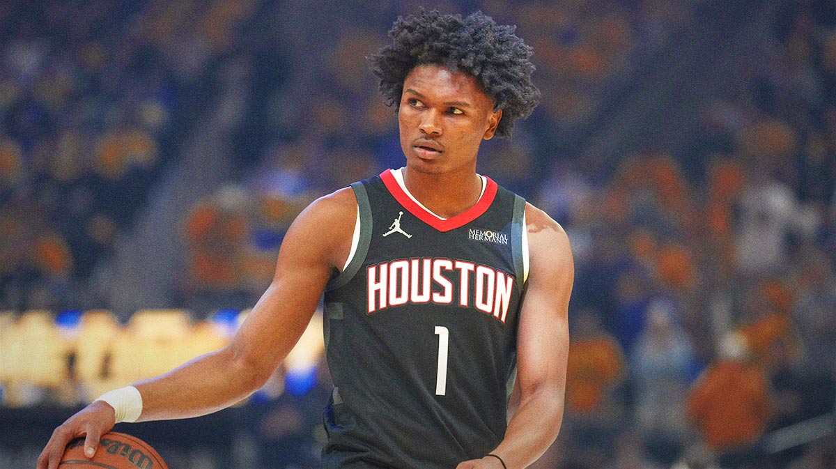 Houston Rockets forward Amen Thompson (1) before game three of first round for the 2024 NBA Playoffs against the Golden State Warriors at Chase Center.