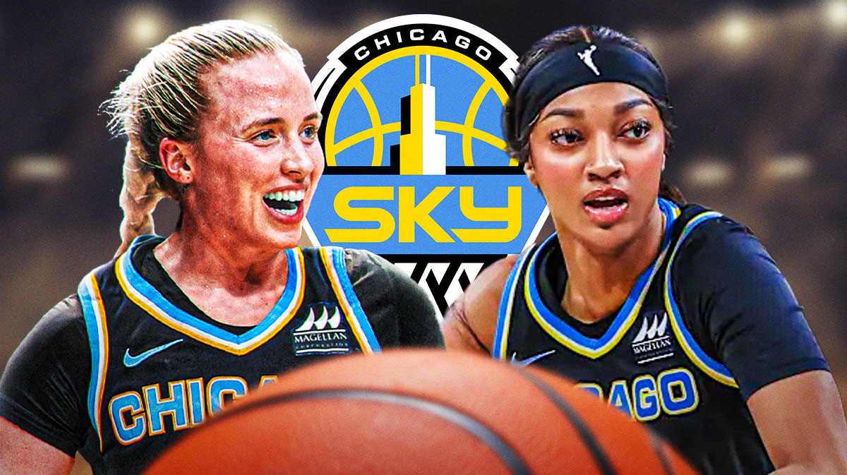 Chicago Sky players Angel Reese and Hailey Van Lith(in Sky jersey) with the Chicago Sky logo in the background