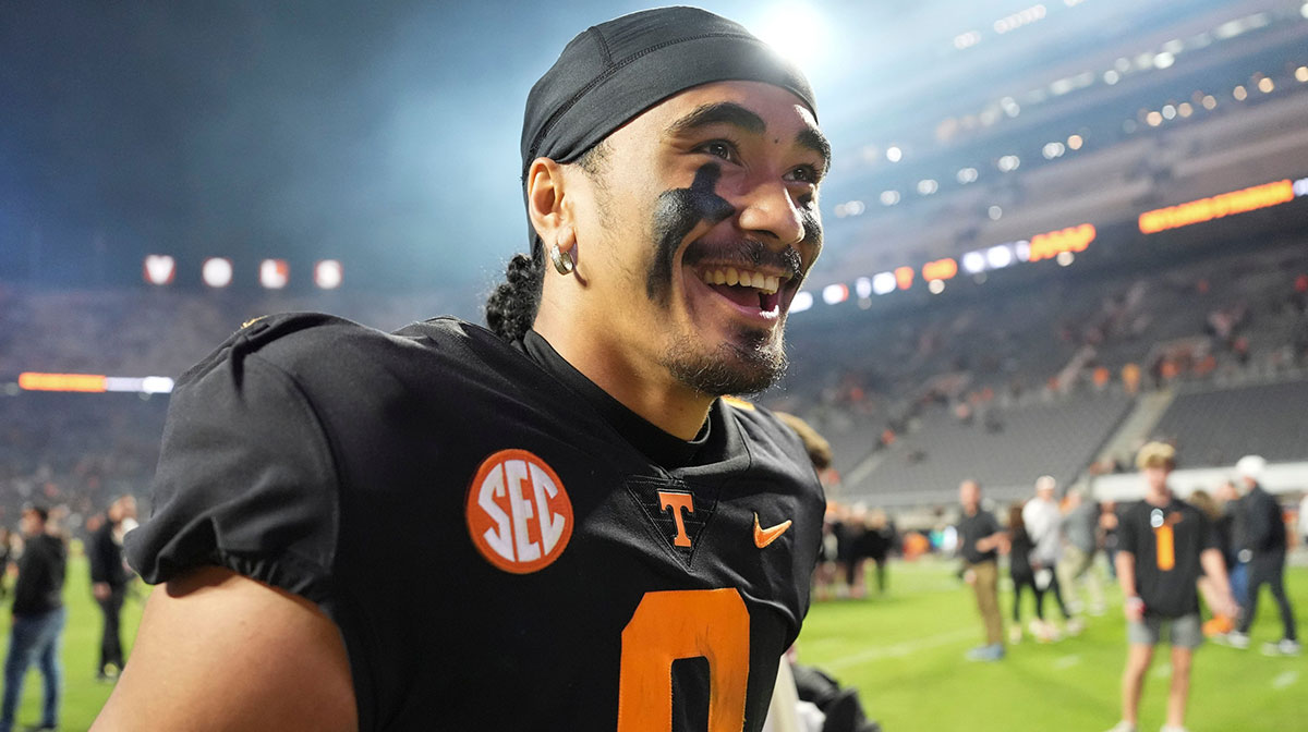 Tennessee quarterback Nico Iamaleava (8) walks off the field after the win over Kentucky after an NCAA college football game on Saturday, Nov. 2, 2024, in Knoxville, Tenn.